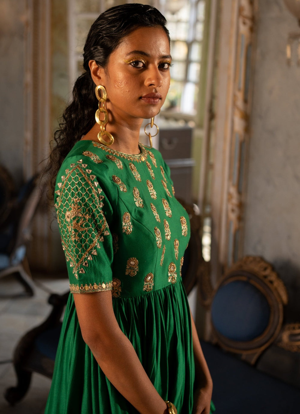 Emerald Green Silk Peplum Kurta Palazzo Set Paulmi and Harsh - Fabilicious Fashion