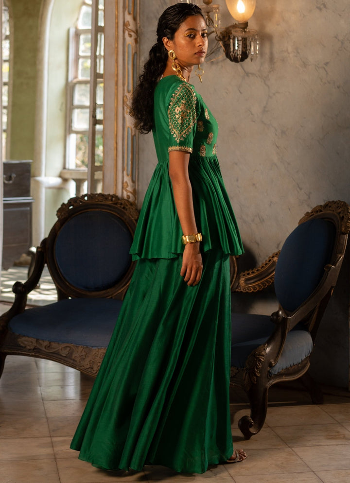 Emerald Green Silk Peplum Kurta Palazzo Set Paulmi and Harsh - Fabilicious Fashion