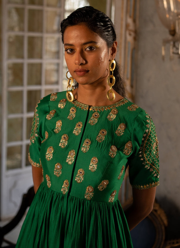 Emerald Green Silk Peplum Kurta Palazzo Set Paulmi and Harsh - Fabilicious Fashion