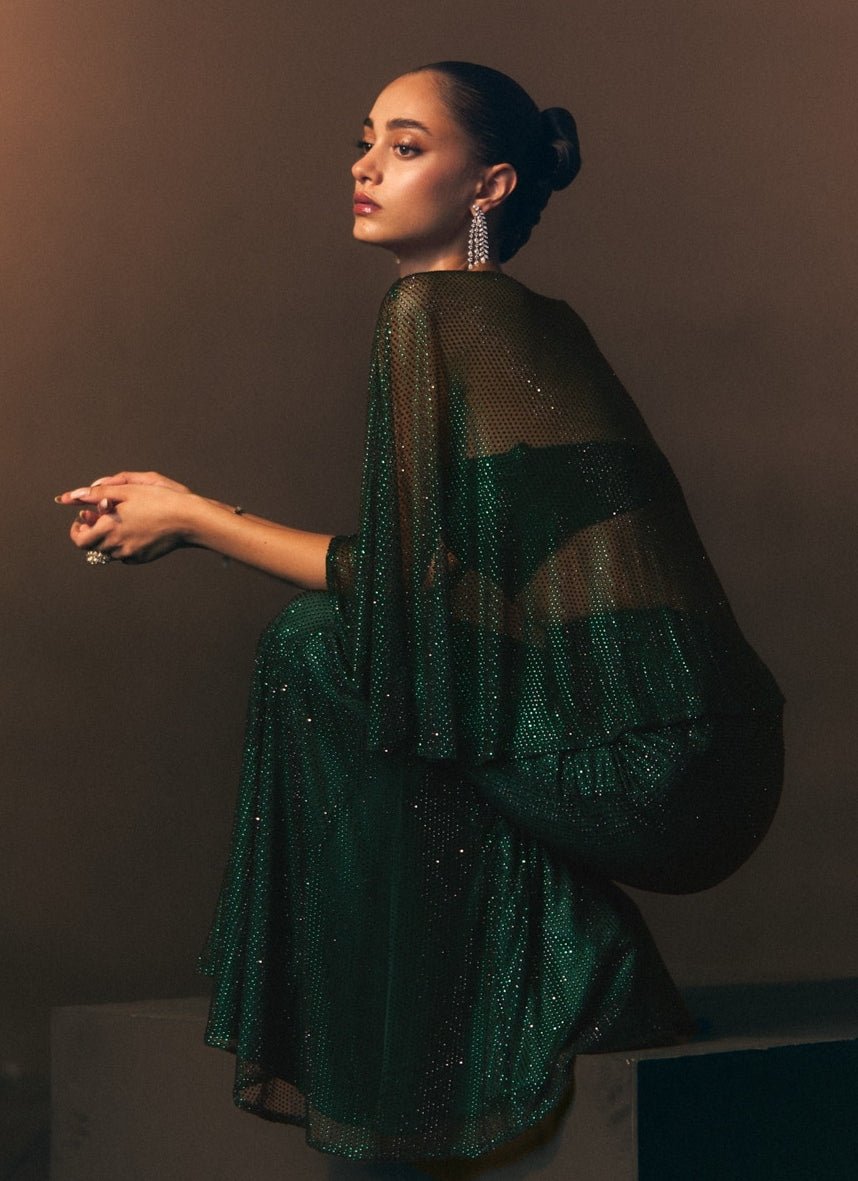 Angad Singh Emerald Green Soft Net Blouse Sharara With CapeFabilicious Fashion
