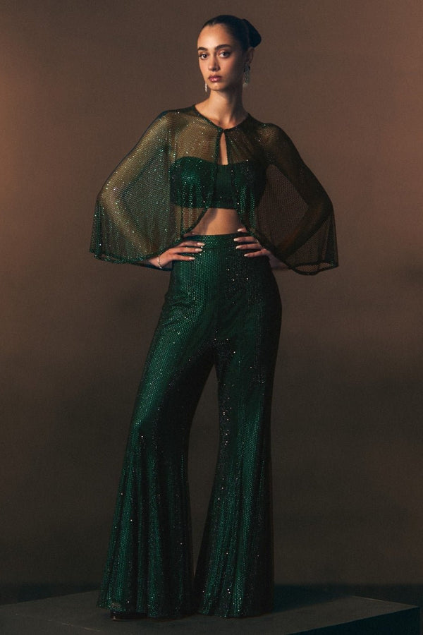 Angad Singh emerald green soft net blouse sharara with cape for a post wedding party