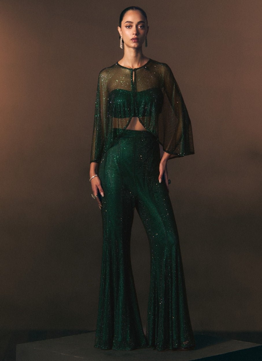 Angad Singh Emerald Green Soft Net Blouse Sharara With CapeFabilicious Fashion