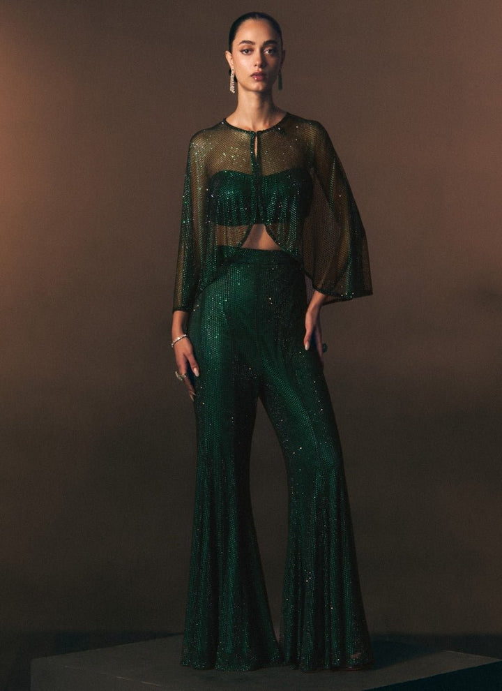Angad Singh Emerald Green Soft Net Blouse Sharara With CapeFabilicious Fashion