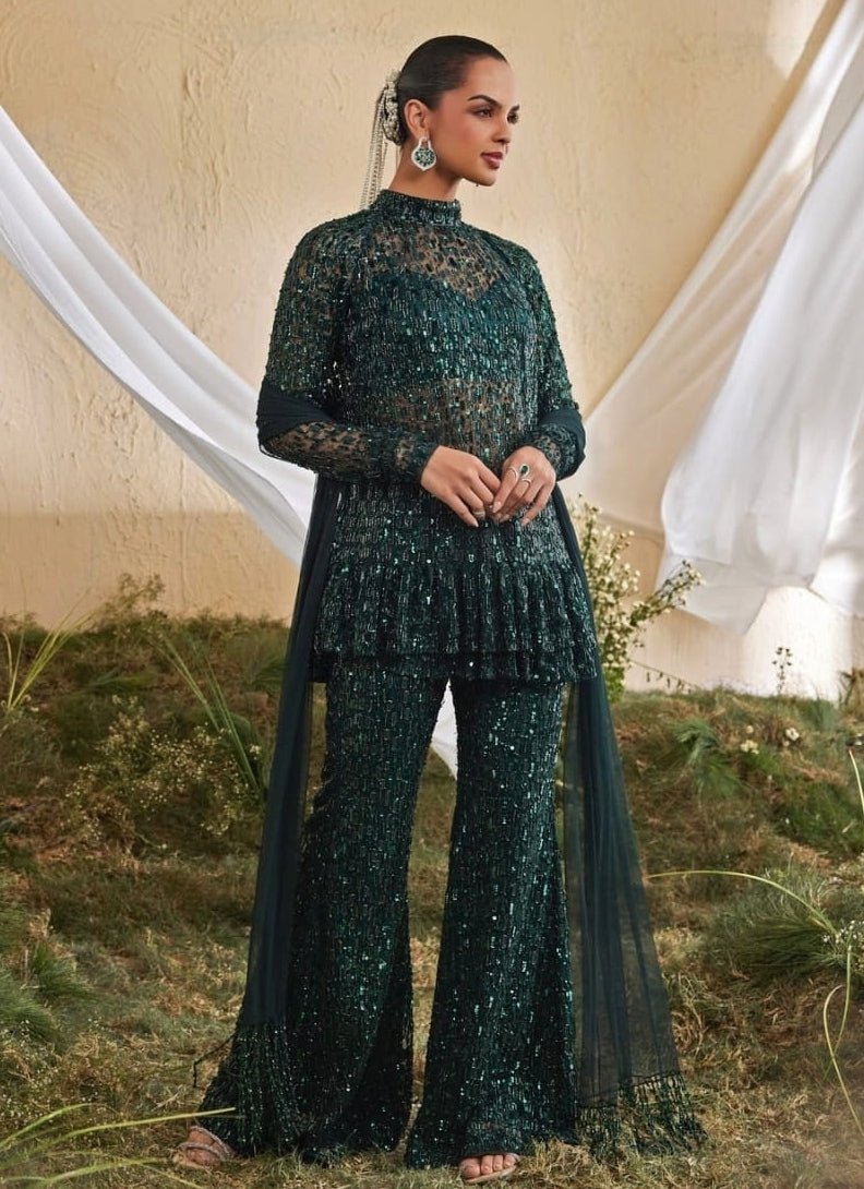 Mani Bhatia Emerald Green Soft Net Kurta Sharara SetFabilicious Fashion