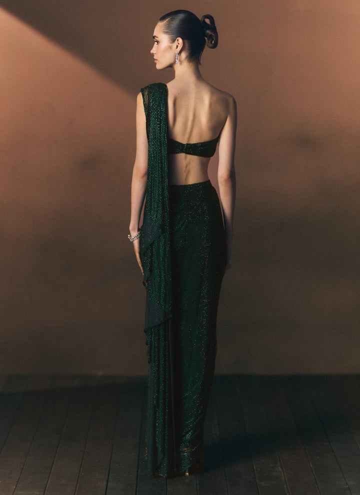 Angad Singh Emerald Green Soft Net Pre-Draped SareeFabilicious Fashion