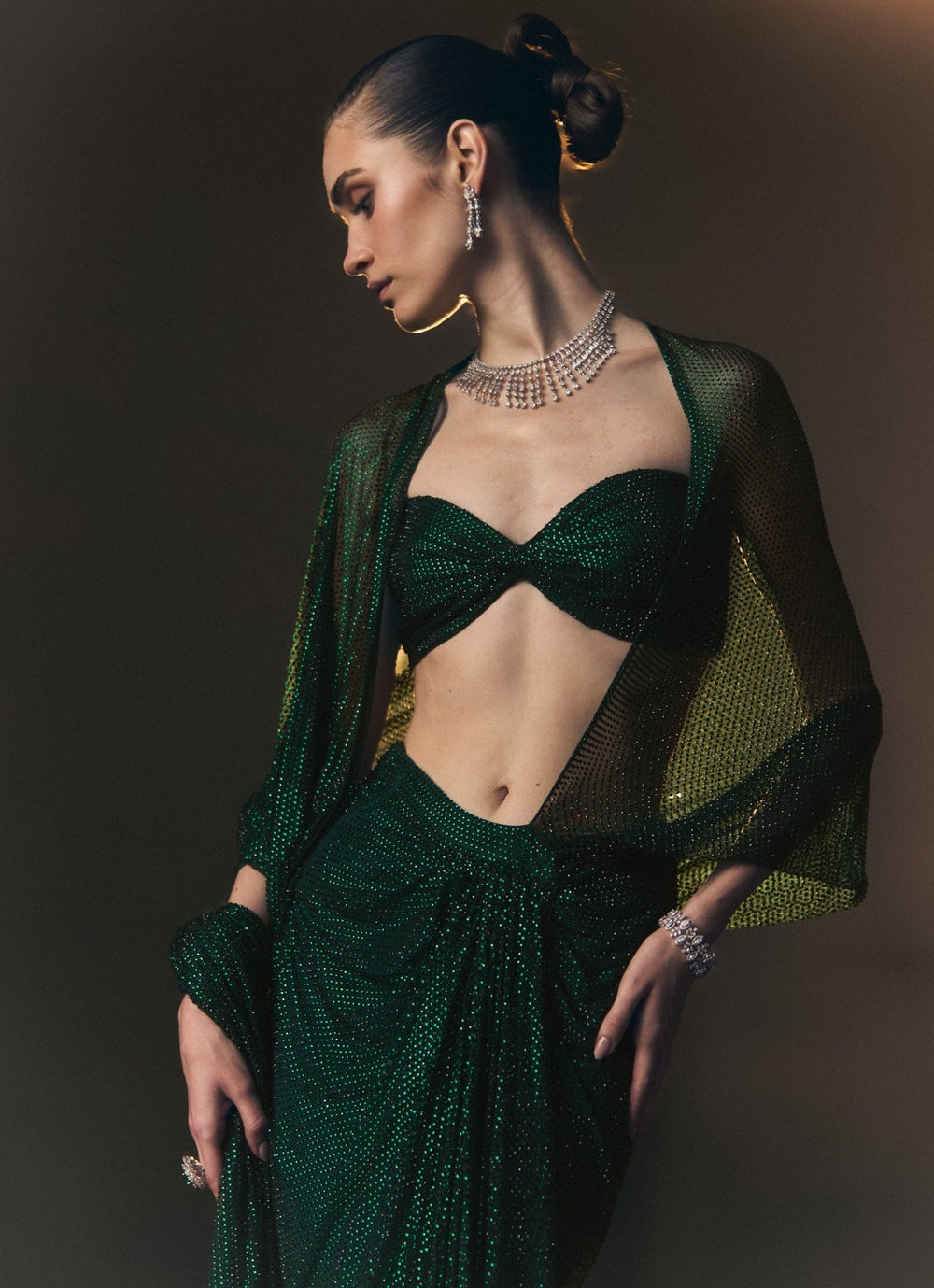 Angad Singh Emerald Green Soft Net Pre-Draped SareeFabilicious Fashion