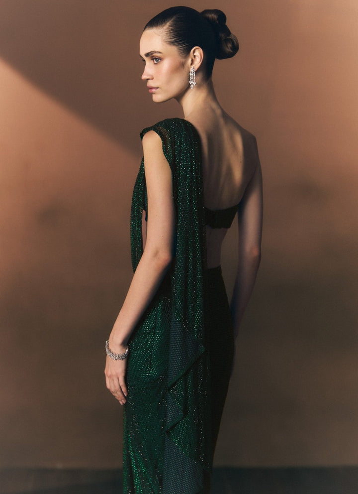 Angad Singh Emerald Green Soft Net Pre-Draped SareeFabilicious Fashion