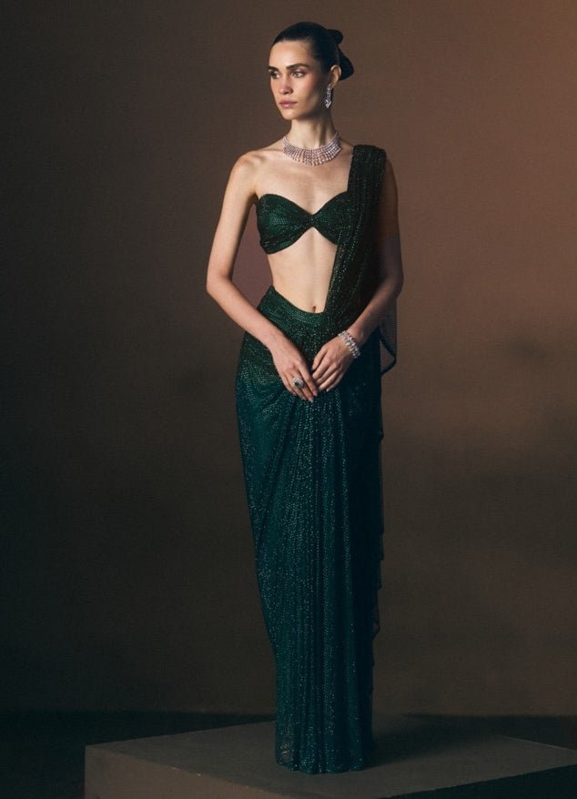 Angad Singh Emerald Green Soft Net Pre-Draped SareeFabilicious Fashion