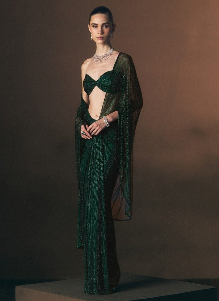 Angad Singh Emerald Green Soft Net Pre-Draped SareeFabilicious Fashion