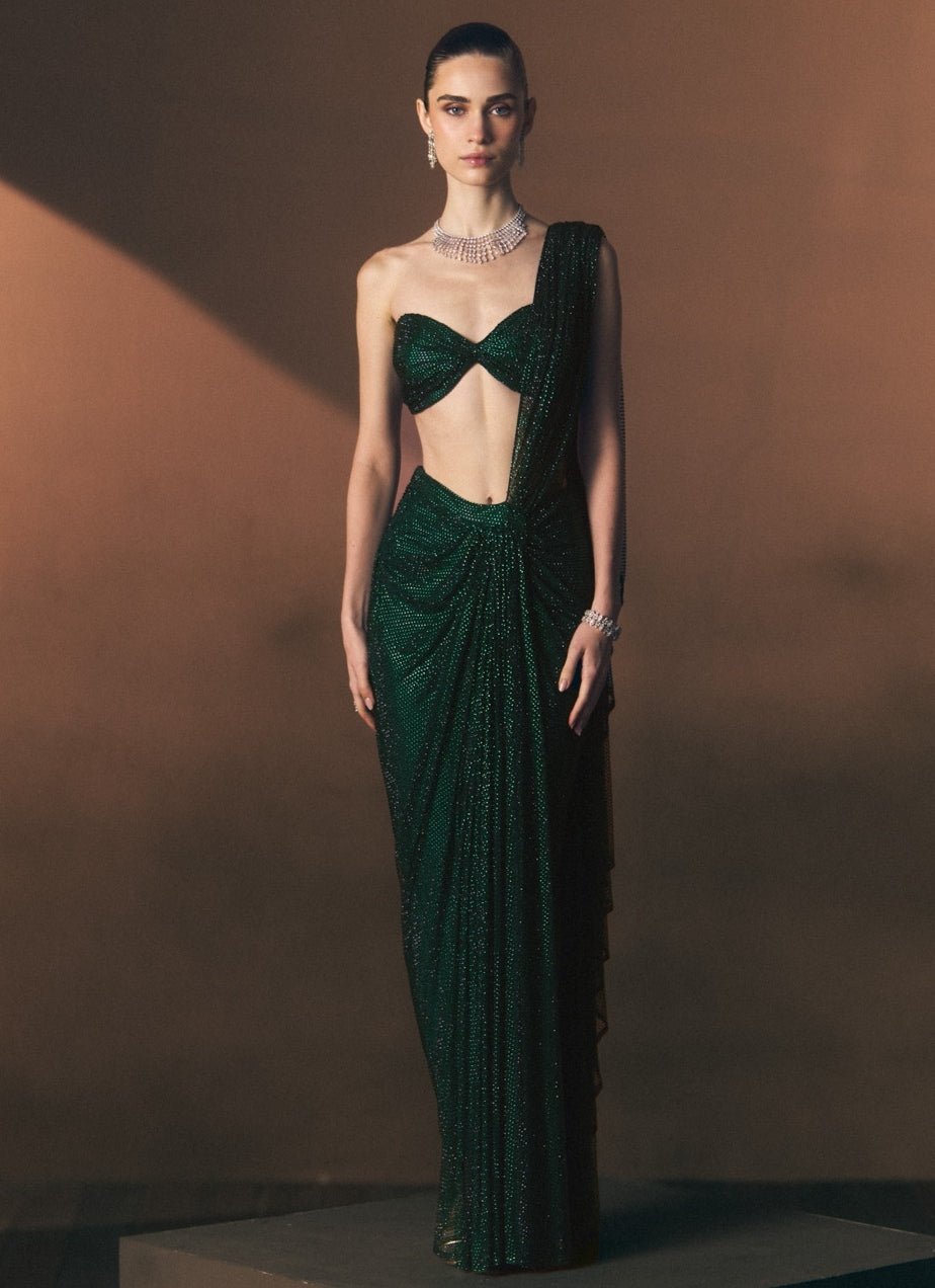 Angad Singh Emerald Green Soft Net Pre-Draped SareeFabilicious Fashion