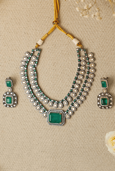 Emerald Green Statement Polki Earrings and Necklace Set Zevar by Geeta - Fabilicious Fashion