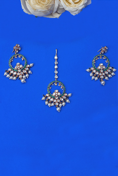 Emerald Green Stone and Kundan Earrings Zevar by Geeta - Fabilicious Fashion