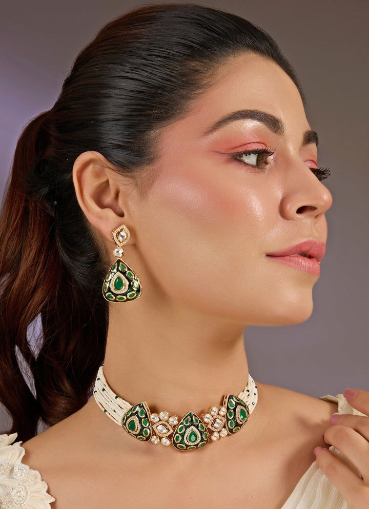 Emerald Green Stone Choker Set With Earrings Vivinia By Vidhi Mehra - Fabilicious Fashion