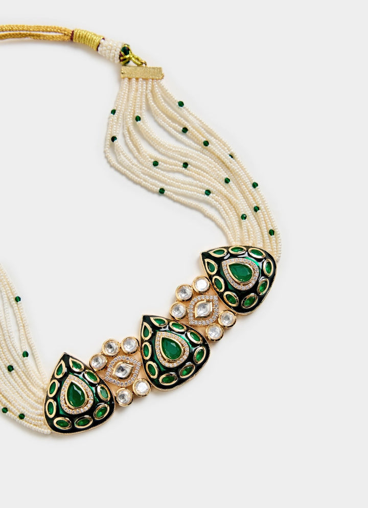 Emerald Green Stone Choker Set With Earrings Vivinia By Vidhi Mehra - Fabilicious Fashion