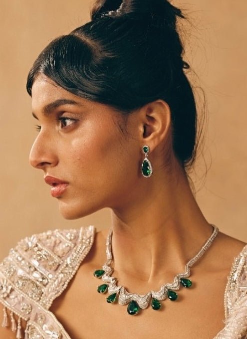 Vivinia by Vidhi Mehra Emerald Green Teardrop Necklace SetFabilicious Fashion