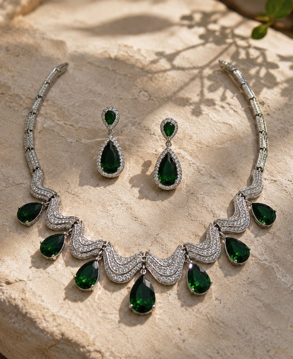 Vivinia by Vidhi Mehra Emerald Green Teardrop Necklace SetFabilicious Fashion
