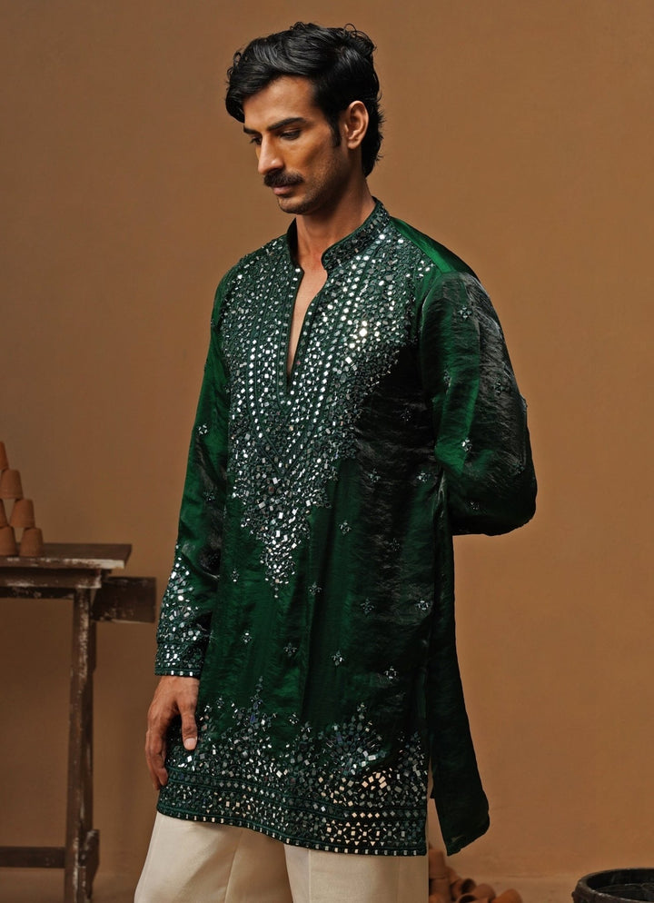 Kalpraag Emerald Green Tissue Silk Mirror Short Kurta SetFabilicious Fashion