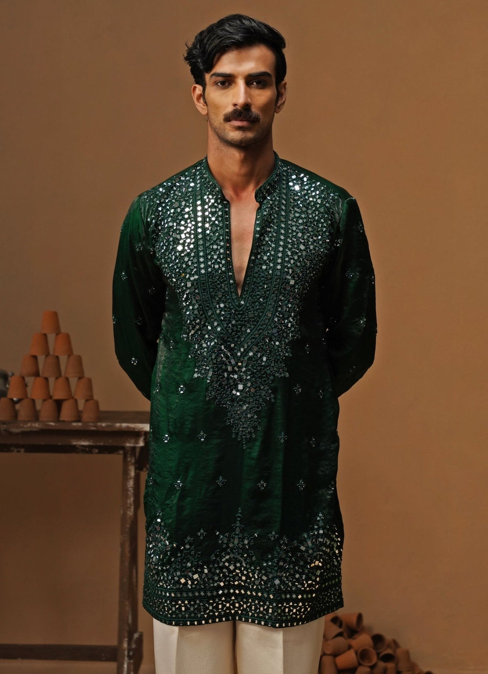 Kalpraag Emerald Green Tissue Silk Mirror Short Kurta SetFabilicious Fashion