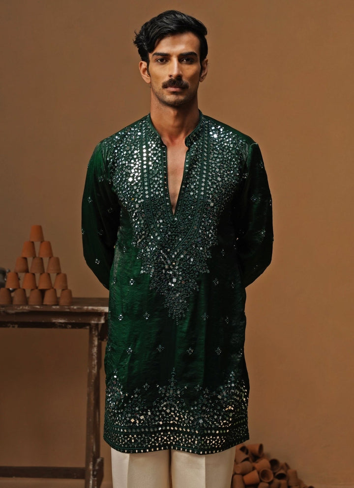 Kalpraag Emerald Green Tissue Silk Mirror Short Kurta SetFabilicious Fashion