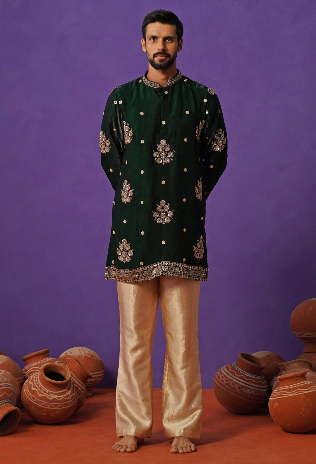 Emerald Green Tissue Silk Short Kurta Set Kalpraag - Fabilicious Fashion