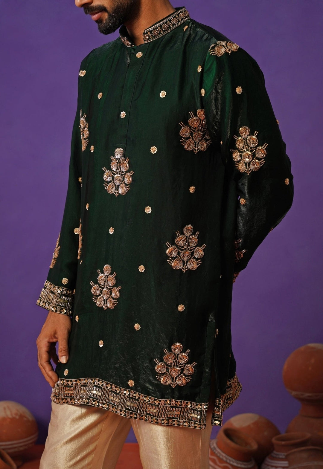 Emerald Green Tissue Silk Short Kurta Set Kalpraag - Fabilicious Fashion