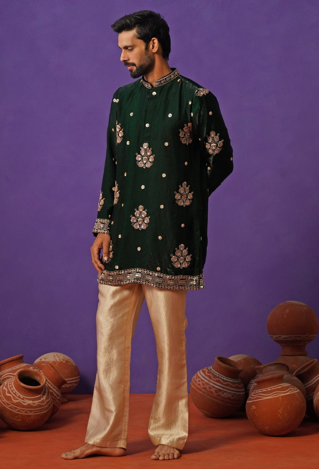 Emerald Green Tissue Silk Short Kurta Set Kalpraag - Fabilicious Fashion
