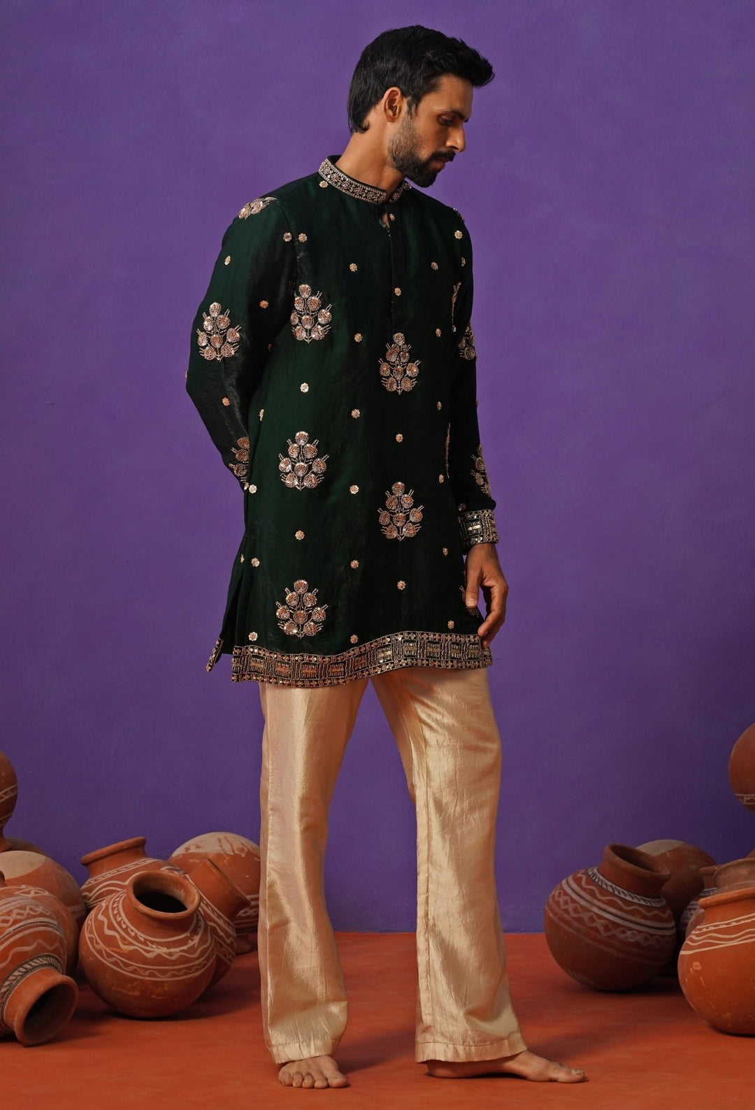 Emerald Green Tissue Silk Short Kurta Set Kalpraag - Fabilicious Fashion