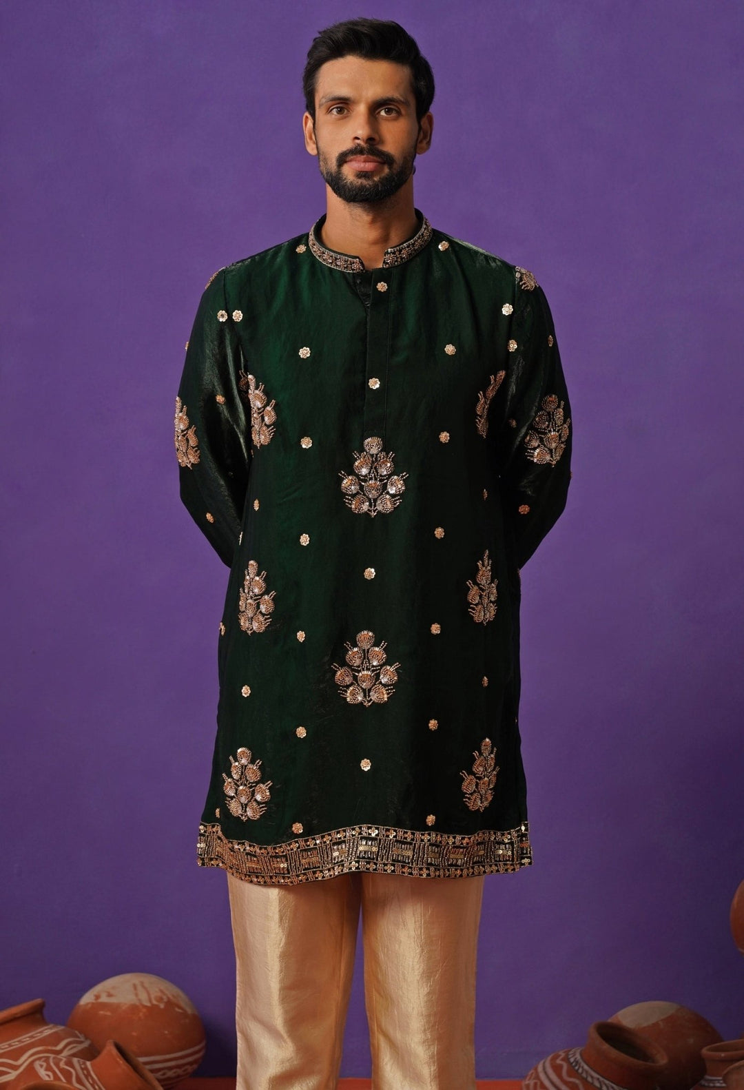Emerald Green Tissue Silk Short Kurta Set Kalpraag - Fabilicious Fashion
