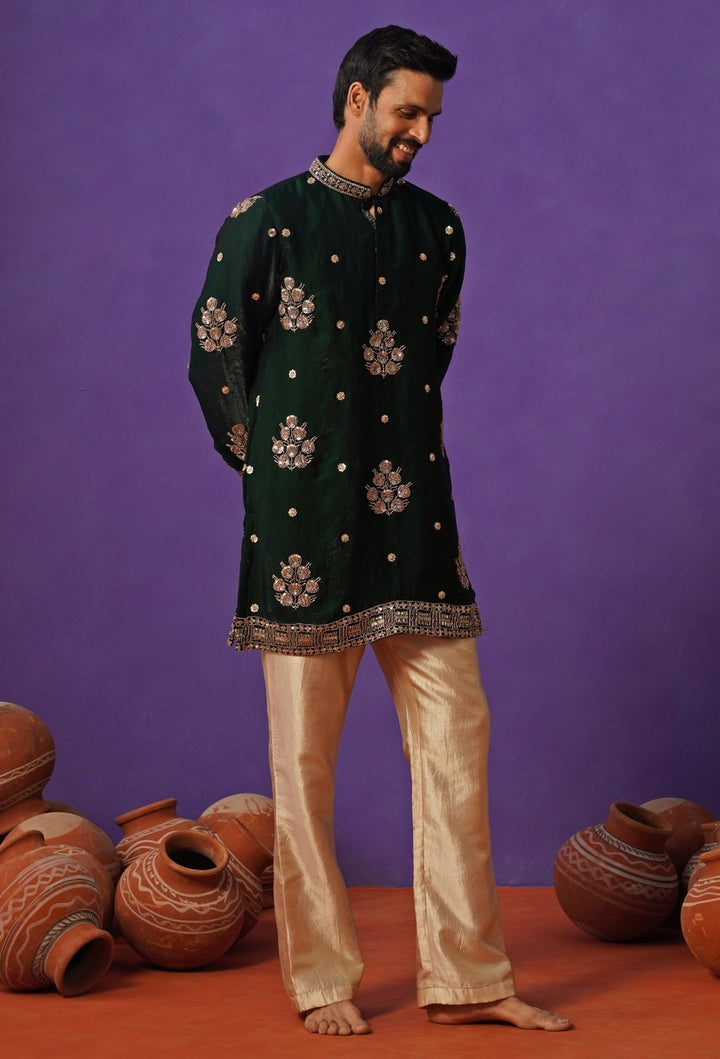 Emerald Green Tissue Silk Short Kurta Set Kalpraag - Fabilicious Fashion