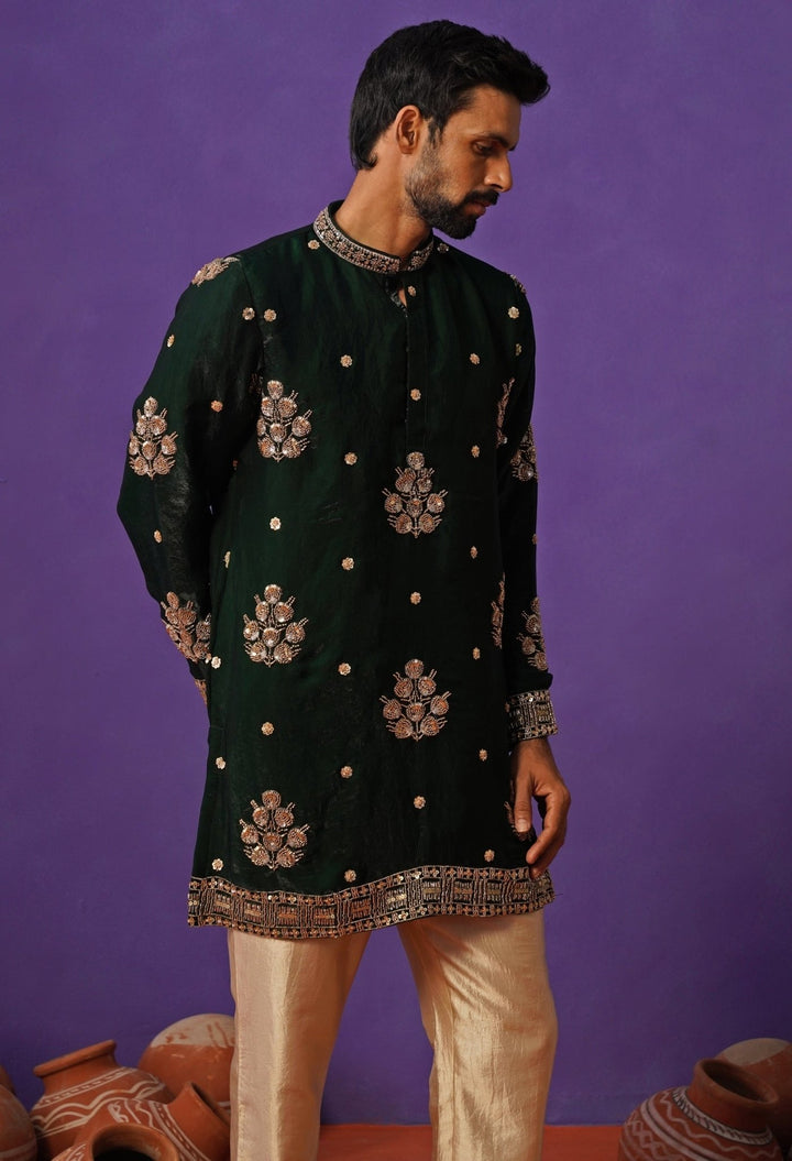 Emerald Green Tissue Silk Short Kurta Set Kalpraag - Fabilicious Fashion