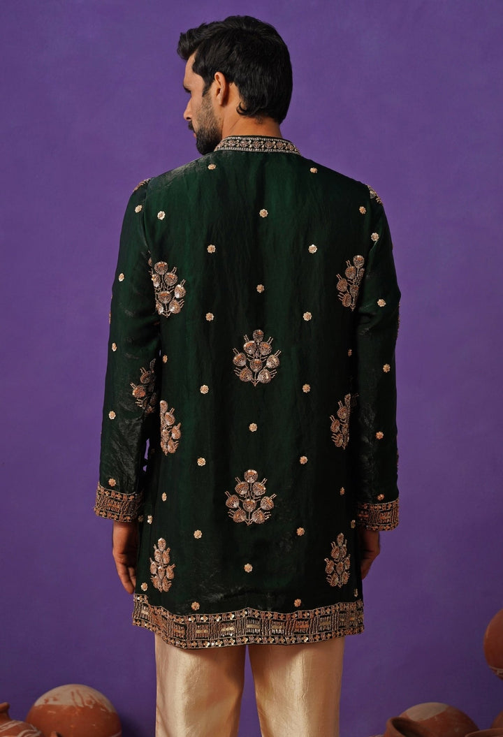 Emerald Green Tissue Silk Short Kurta Set Kalpraag - Fabilicious Fashion