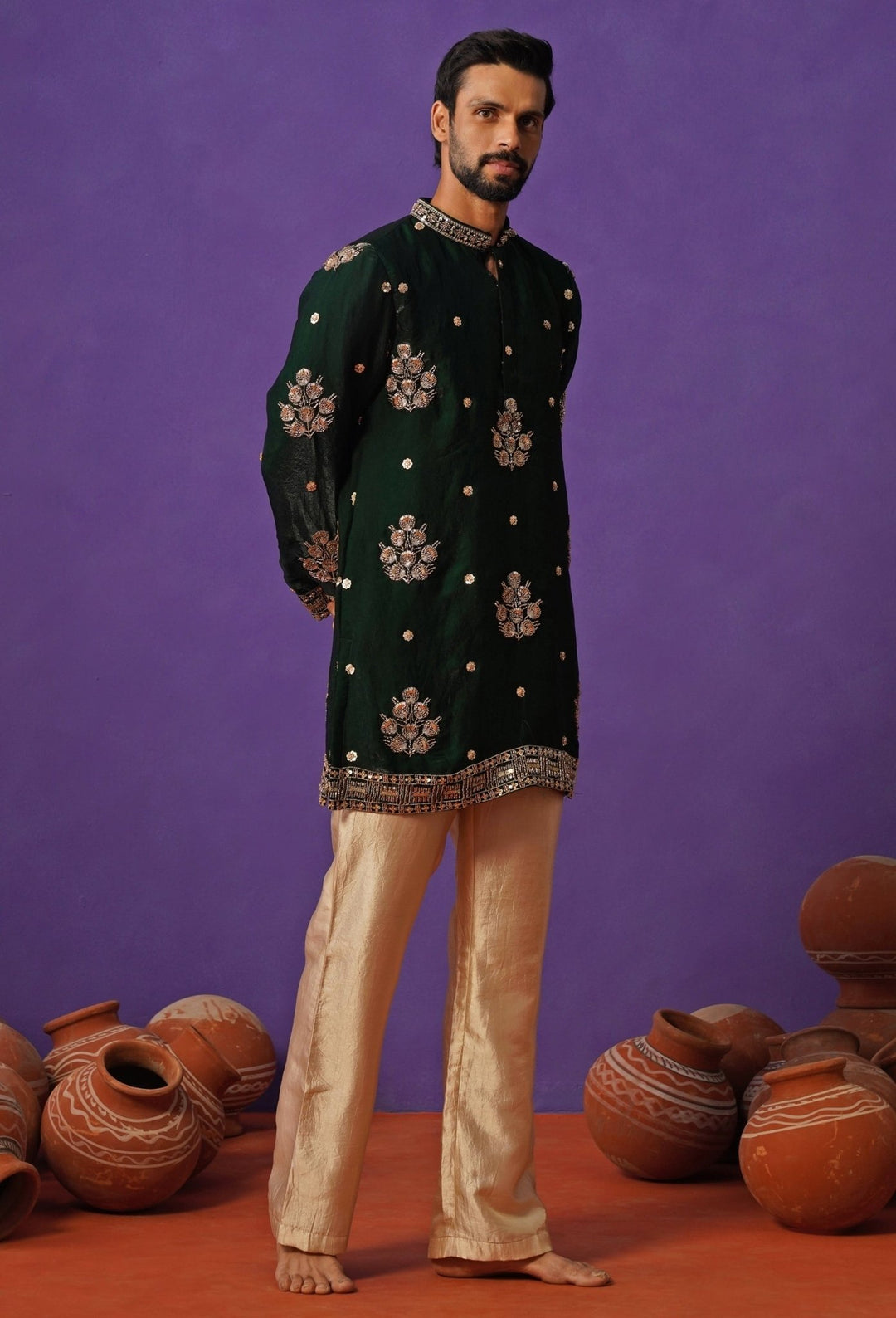Emerald Green Tissue Silk Short Kurta Set Kalpraag - Fabilicious Fashion