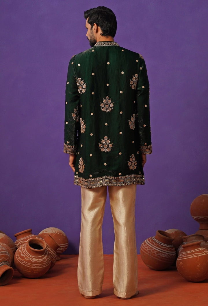 Emerald Green Tissue Silk Short Kurta Set Kalpraag - Fabilicious Fashion