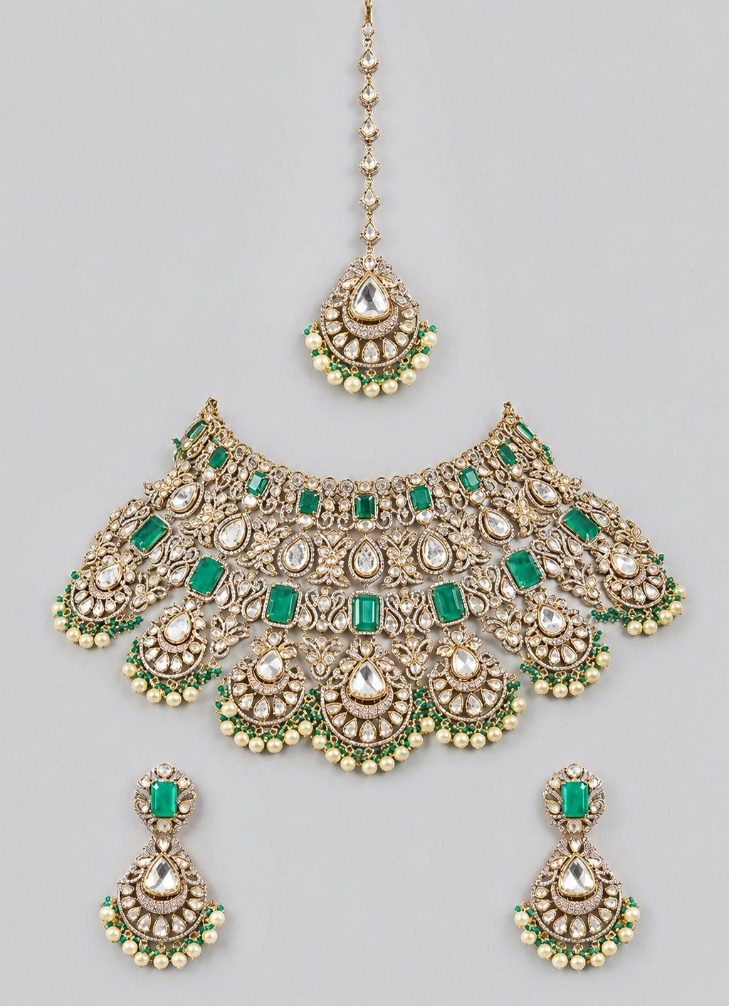 Zevar by Geeta Emerald Layered Polki Bridal Necklace SetFabilicious Fashion