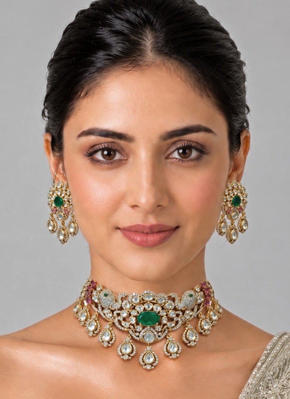 Vivinia By Vidhi Mehra Emerald Moissanite Polki Choker SetFabilicious Fashion