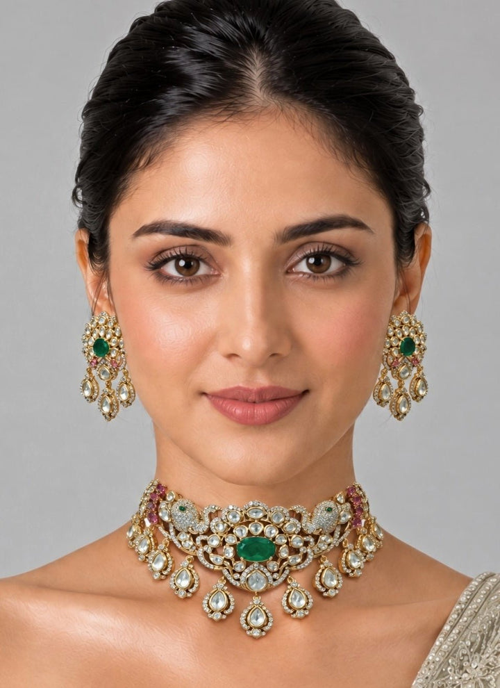 Vivinia By Vidhi Mehra Emerald Moissanite Polki Choker SetFabilicious Fashion