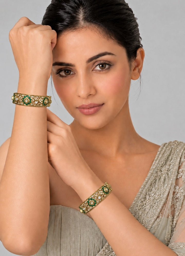 Vivinia By Vidhi Mehra Emerald Moissanite Polki Floral BanglesFabilicious Fashion