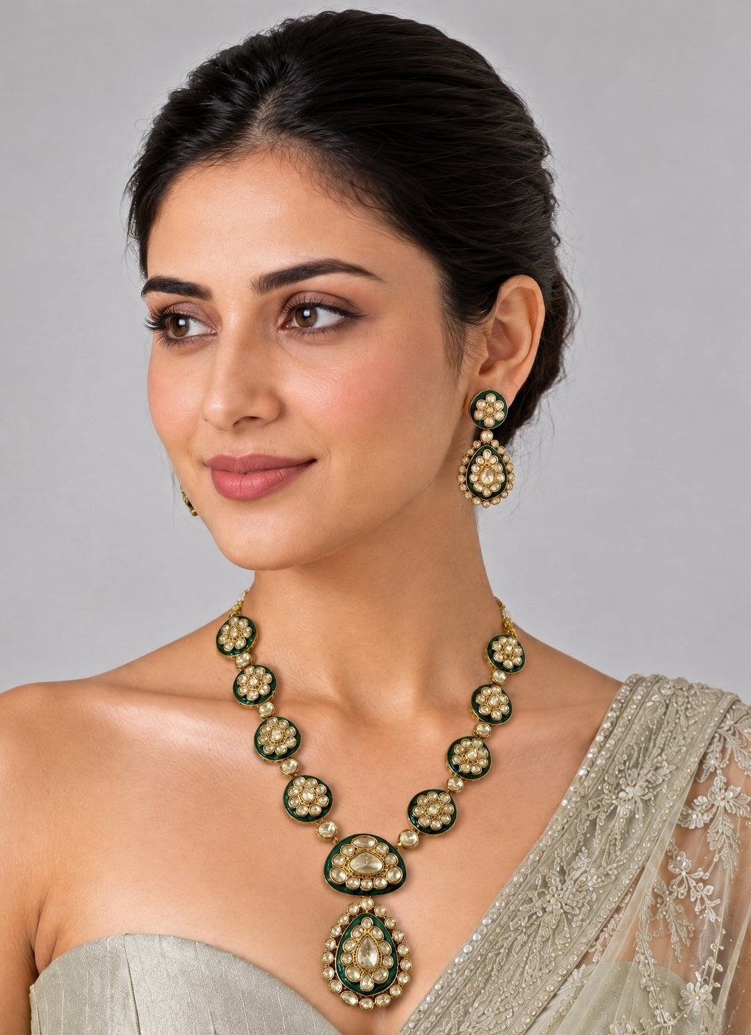 Vivinia By Vidhi Mehra Emerald Moissanite Polki Necklace SetFabilicious Fashion