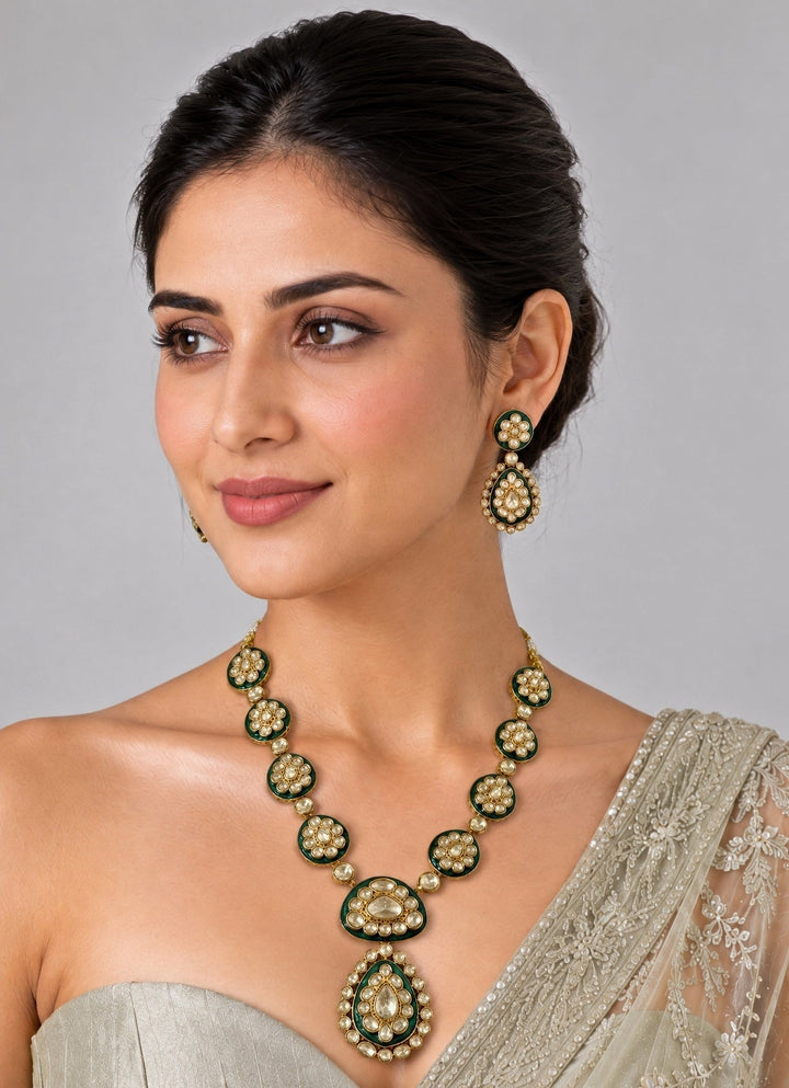 Vivinia By Vidhi Mehra Emerald Moissanite Polki Necklace SetFabilicious Fashion