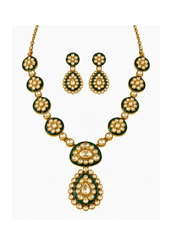 Vivinia By Vidhi Mehra Emerald Moissanite Polki Necklace SetFabilicious Fashion