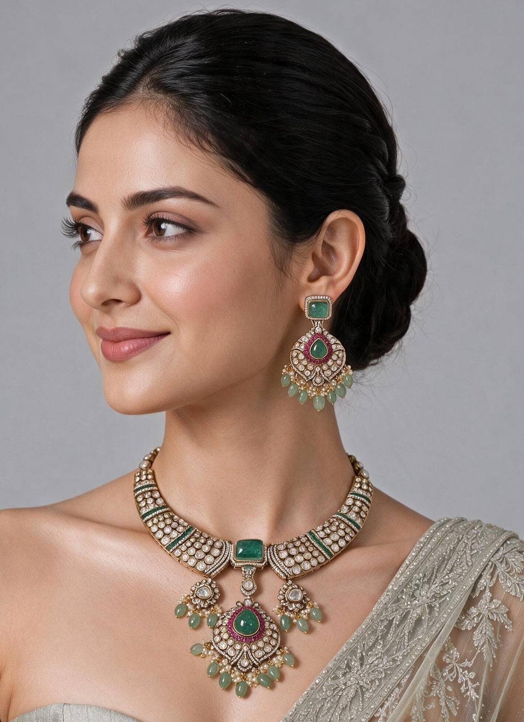Vivinia By Vidhi Mehra Emerald Polki Statement Necklace SetFabilicious Fashion