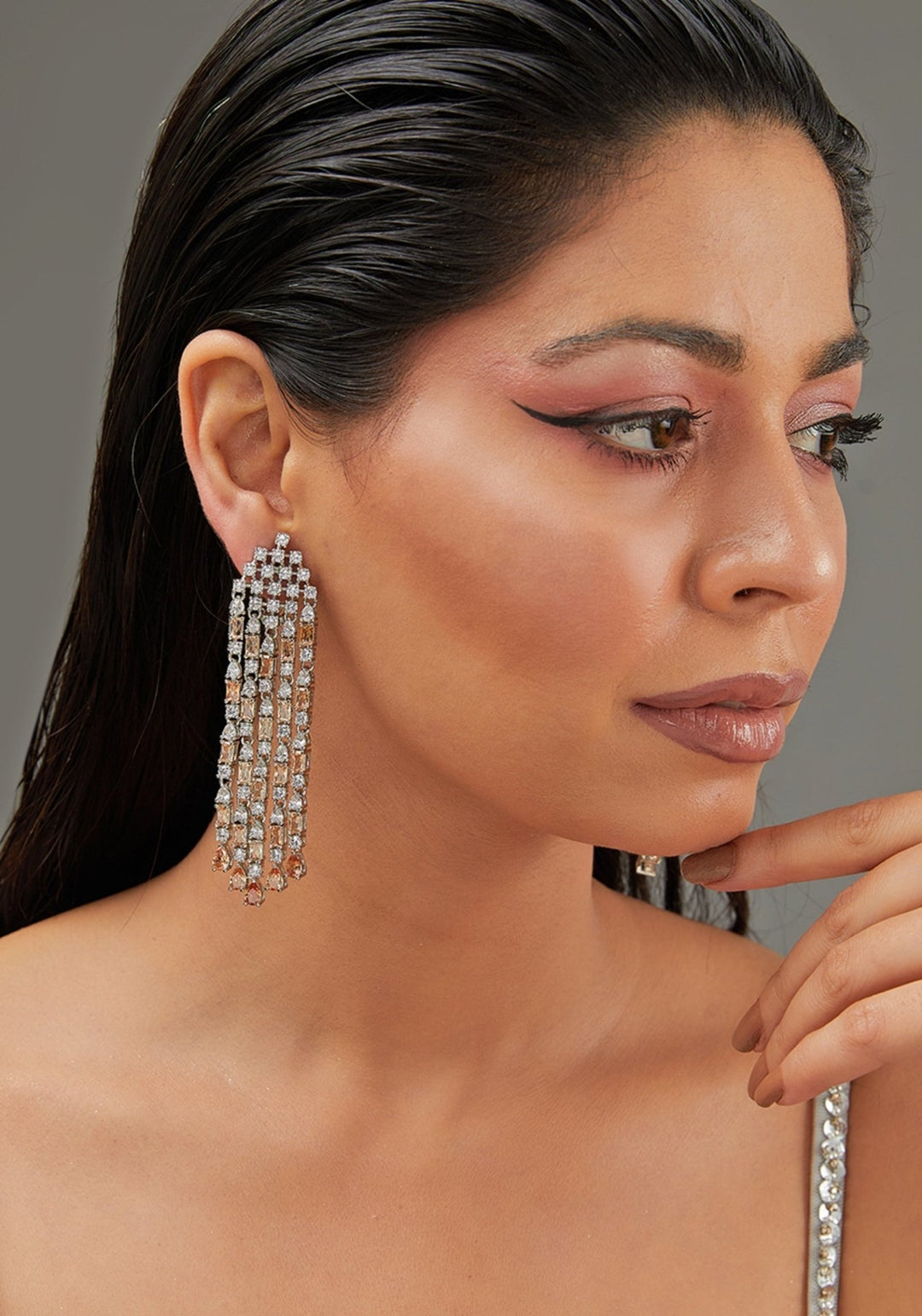 Faux Diamond 3 String Chandelier Earrings Zevar by Geeta - Fabilicious Fashion