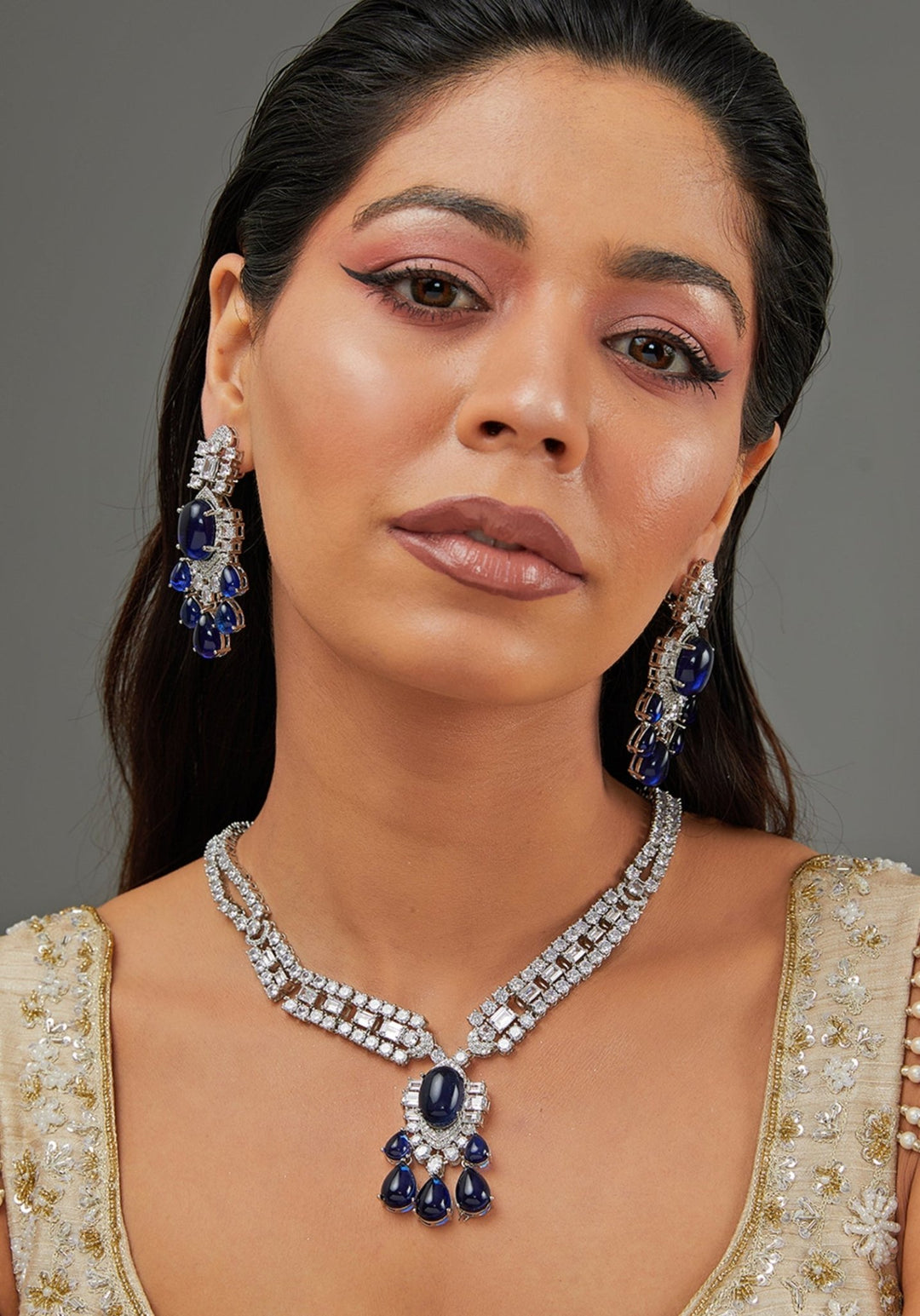Faux Diamond And Blue Stones Necklace Set Zevar by Geeta - Fabilicious Fashion