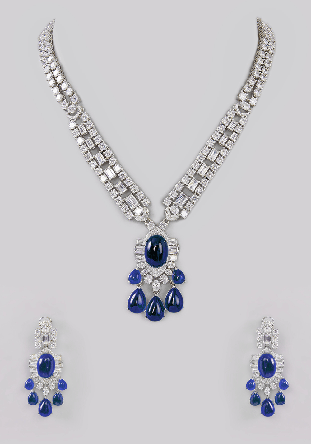 Faux Diamond And Blue Stones Necklace Set Zevar by Geeta - Fabilicious Fashion