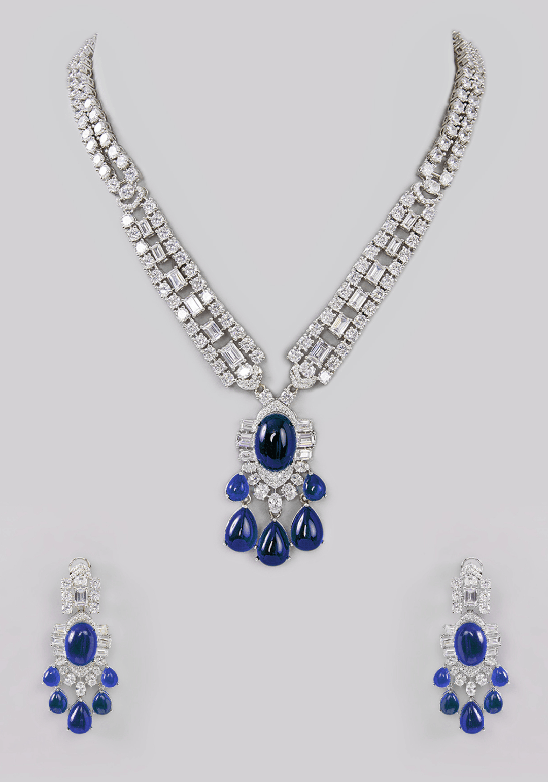 Faux Diamond And Blue Stones Necklace Set Zevar by Geeta - Fabilicious Fashion