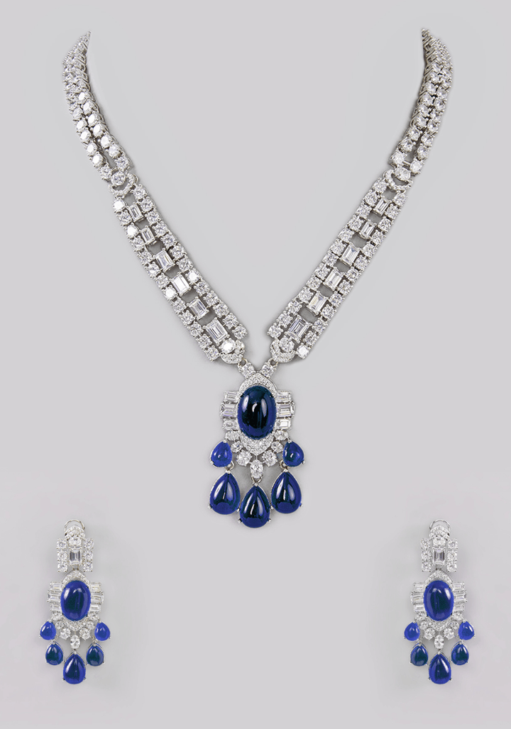 Faux Diamond And Blue Stones Necklace Set Zevar by Geeta - Fabilicious Fashion