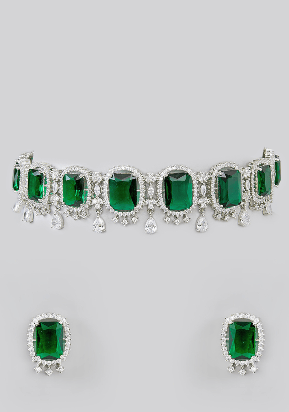 Faux Diamond And Green Stones Choker Set Zevar by Geeta - Fabilicious Fashion