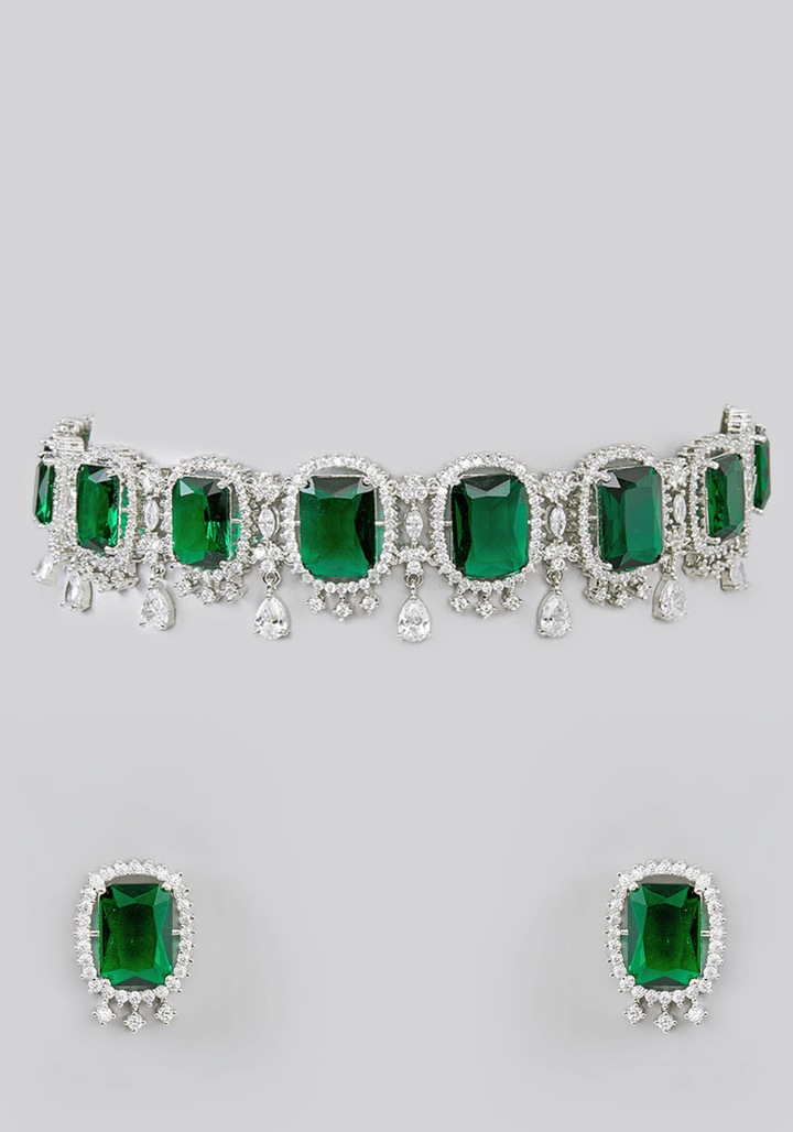 Faux Diamond And Green Stones Choker Set Zevar by Geeta - Fabilicious Fashion