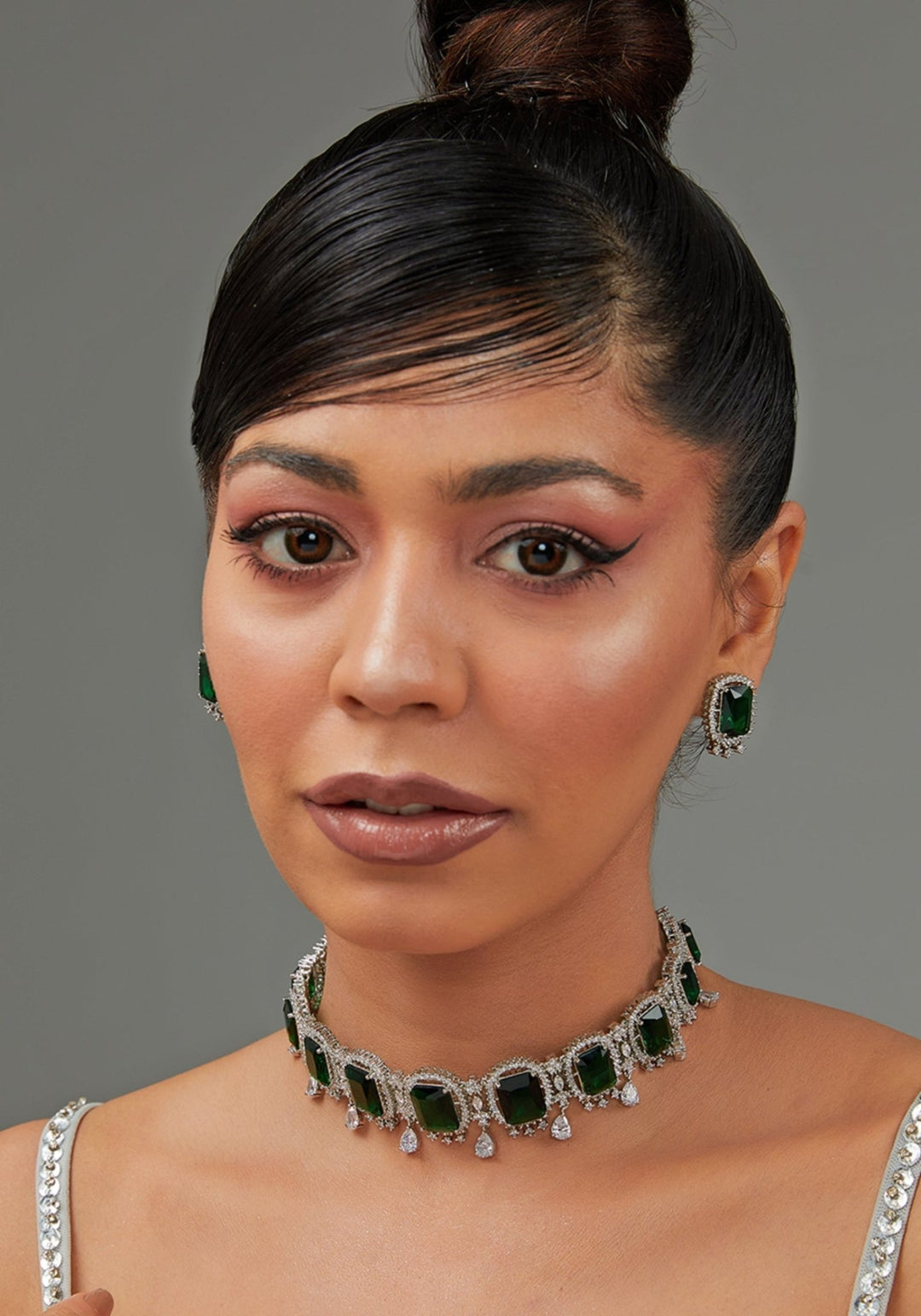Faux Diamond And Green Stones Choker Set Zevar by Geeta - Fabilicious Fashion