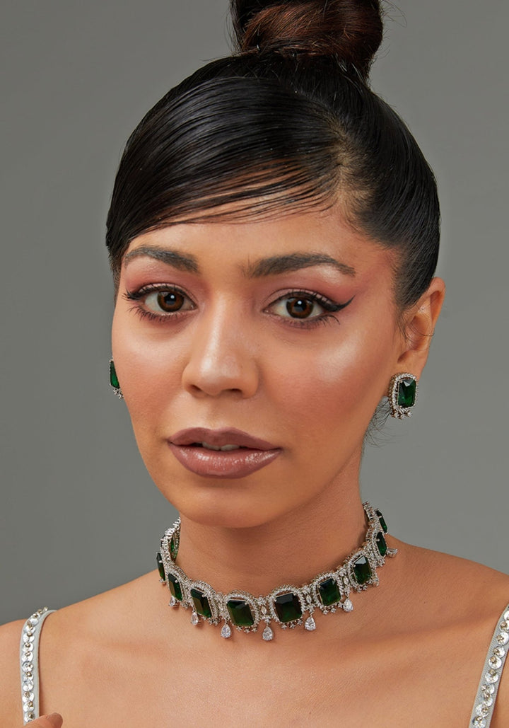 Faux Diamond And Green Stones Choker Set Zevar by Geeta - Fabilicious Fashion
